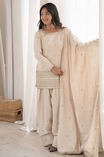Off-white roman silk dori zari sequence embroidered work Suit Set
