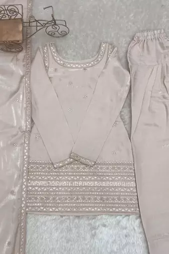 Off-white roman silk dori zari sequence embroidered work Suit Set