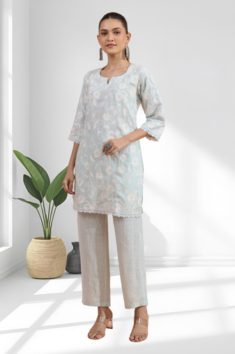 Women's linen sky blue embroidered short kurta with pant