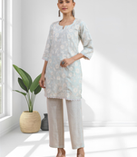 Women's linen sky blue embroidered short kurta with pant