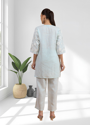 Women's linen sky blue embroidered short kurta with pant 2