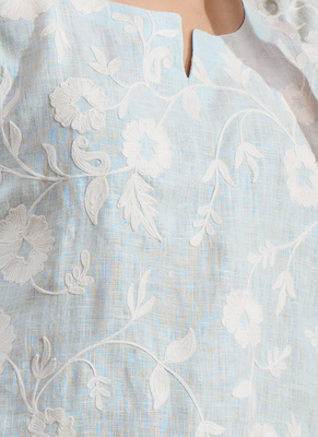 Women's linen sky blue embroidered short kurta with pant 3