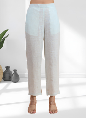 Women's linen sky blue embroidered short kurta with pant 5
