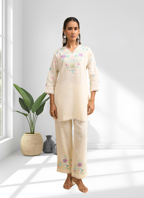 Women's linen cream embroidered short kurta with pant 1