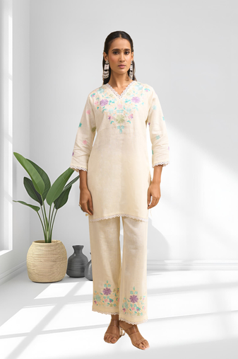 Women's linen cream embroidered short kurta with pant