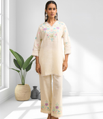 Women's linen cream embroidered short kurta with pant