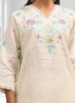 Women's linen cream embroidered short kurta with pant 4