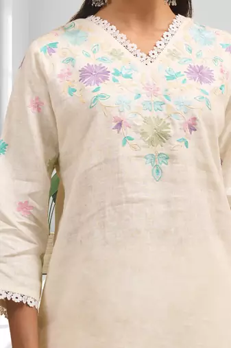 Women's linen cream embroidered short kurta with pant