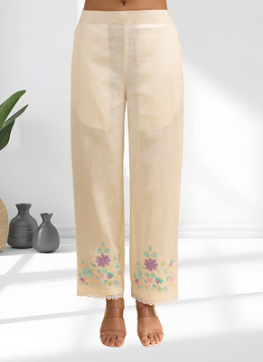 Women's linen cream embroidered short kurta with pant 5