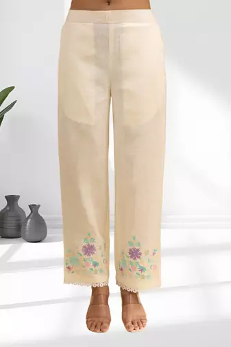 Women's linen cream embroidered short kurta with pant