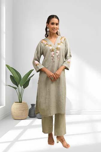 Women's linen pista green embroidered short kurta with pant