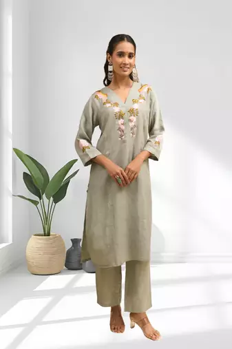 Women's linen pista green embroidered short kurta with pant