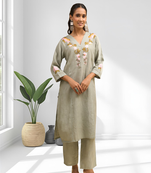 Women's linen pista green embroidered short kurta with pant