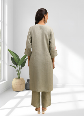 Women's linen pista green embroidered short kurta with pant 2