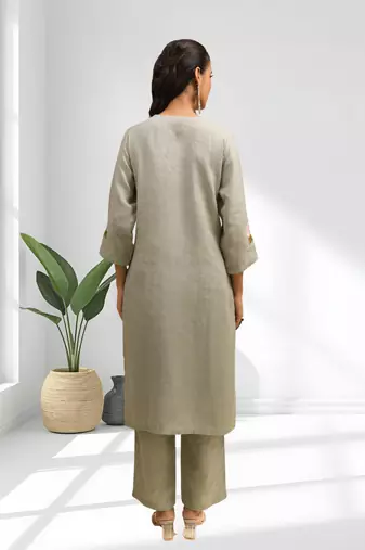 Women's linen pista green embroidered short kurta with pant