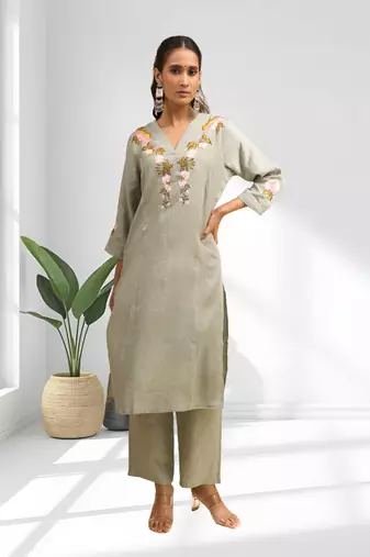 Women's linen pista green embroidered short kurta with pant