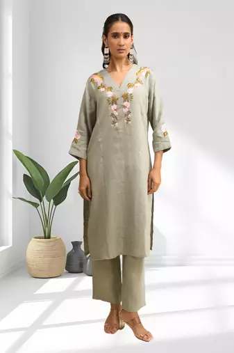 Women's linen pista green embroidered short kurta with pant