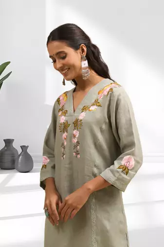 Women's linen pista green embroidered short kurta with pant