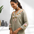 Women's linen pista green embroidered short kurta with pant