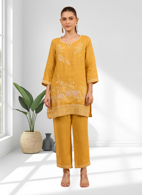 Women's linen mustard embroidered short kurta with pant 1