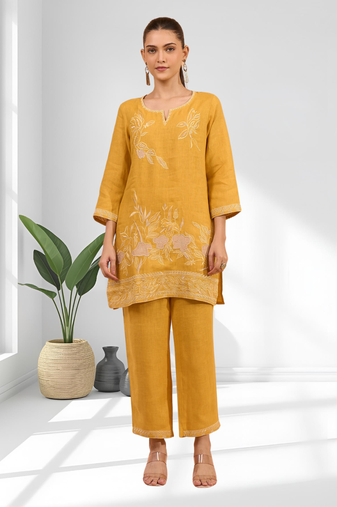 Women's linen mustard embroidered short kurta with pant