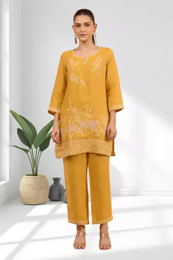 Women's linen mustard embroidered short kurta with pant