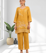 Women's linen mustard embroidered short kurta with pant
