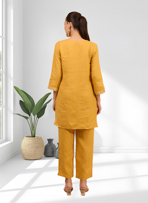 Women's linen mustard embroidered short kurta with pant 2