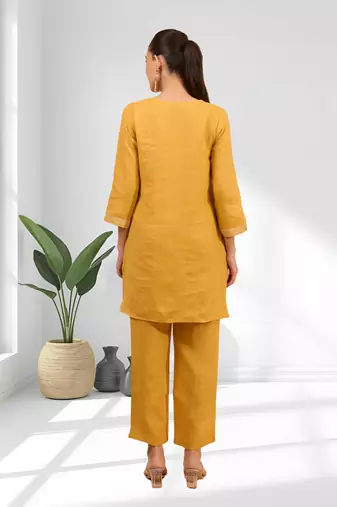 Women's linen mustard embroidered short kurta with pant