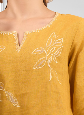 Women's linen mustard embroidered short kurta with pant 3
