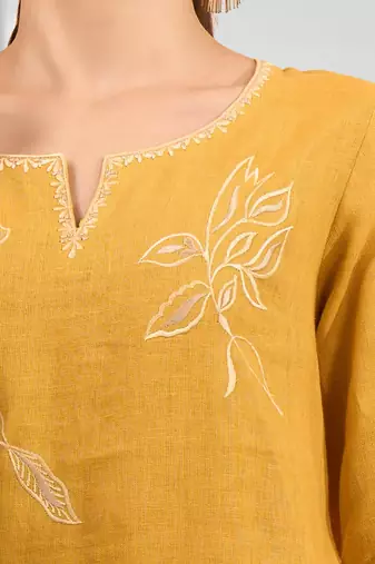 Women's linen mustard embroidered short kurta with pant