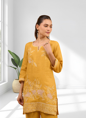 Women's linen mustard embroidered short kurta with pant 4