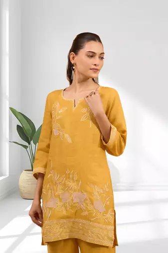 Women's linen mustard embroidered short kurta with pant