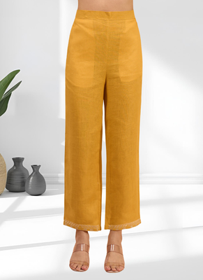 Women's linen mustard embroidered short kurta with pant 5