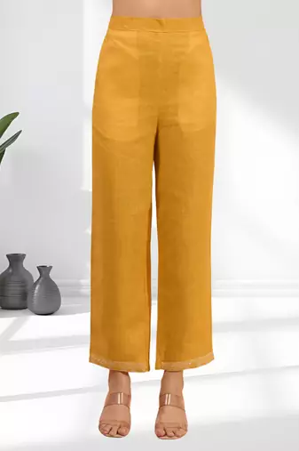 Women's linen mustard embroidered short kurta with pant