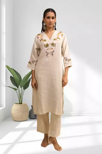 Women's linen beige embroidered long kurta with pant