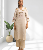 Women's linen beige embroidered long kurta with pant