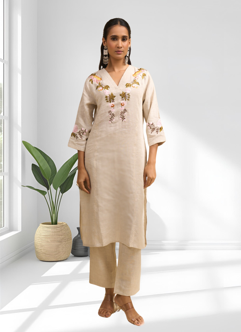 Women's linen beige embroidered long kurta with pant