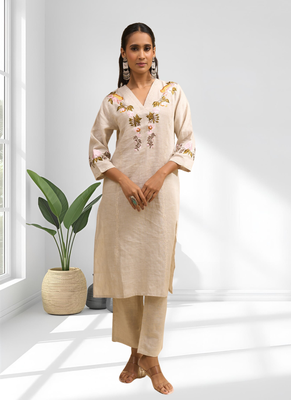 Women's linen beige embroidered long kurta with pant 2