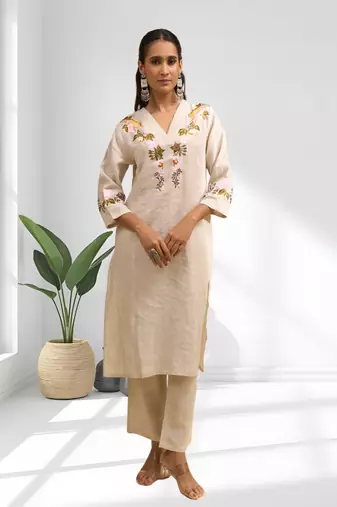 Women's linen beige embroidered long kurta with pant