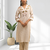 Women's linen beige embroidered long kurta with pant