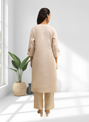 Women's linen beige embroidered long kurta with pant 3