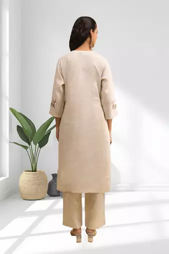 Women's linen beige embroidered long kurta with pant