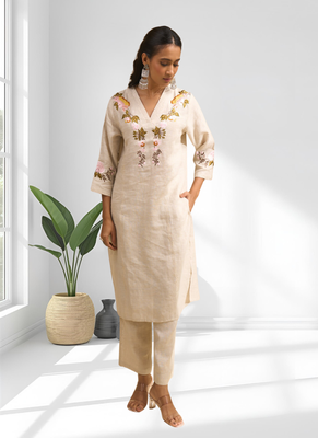 Women's linen beige embroidered long kurta with pant 4