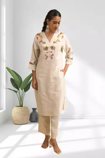 Women's linen beige embroidered long kurta with pant