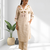 Women's linen beige embroidered long kurta with pant