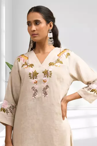 Women's linen beige embroidered long kurta with pant