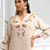 Women's linen beige embroidered long kurta with pant