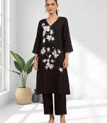 Women's linen black embroidered long kurta with pant