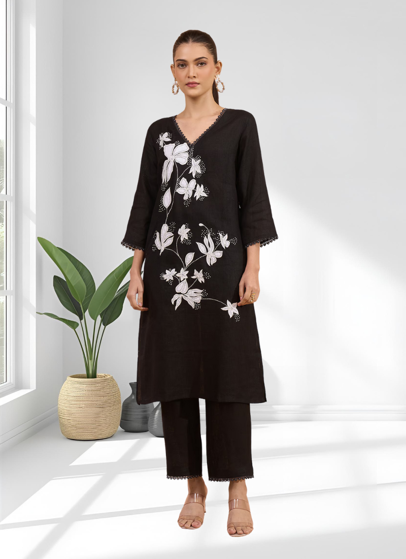 Women's linen black embroidered long kurta with pant
